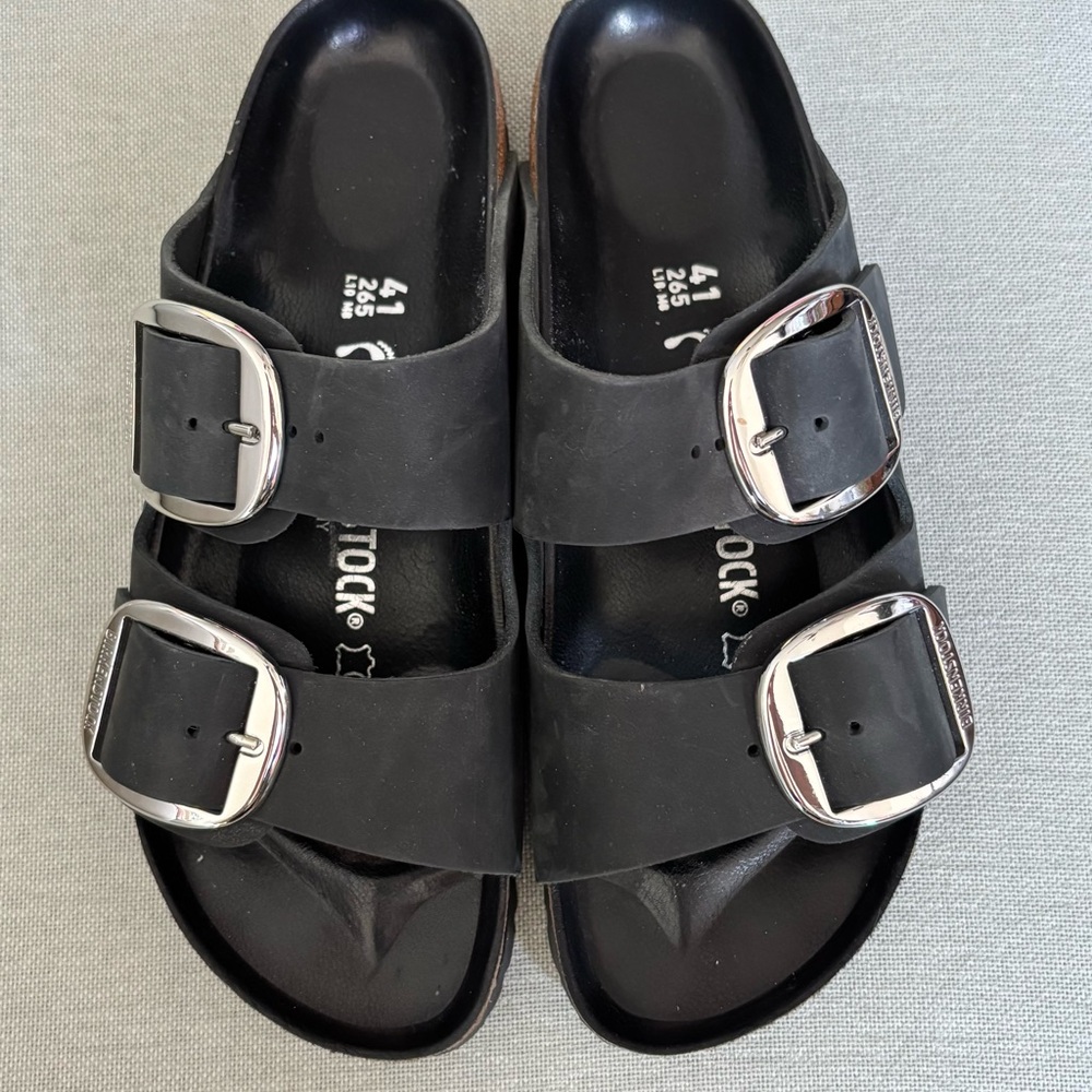 Birkenstock Black Big Buckle with Metallic Buckles and leather footbed